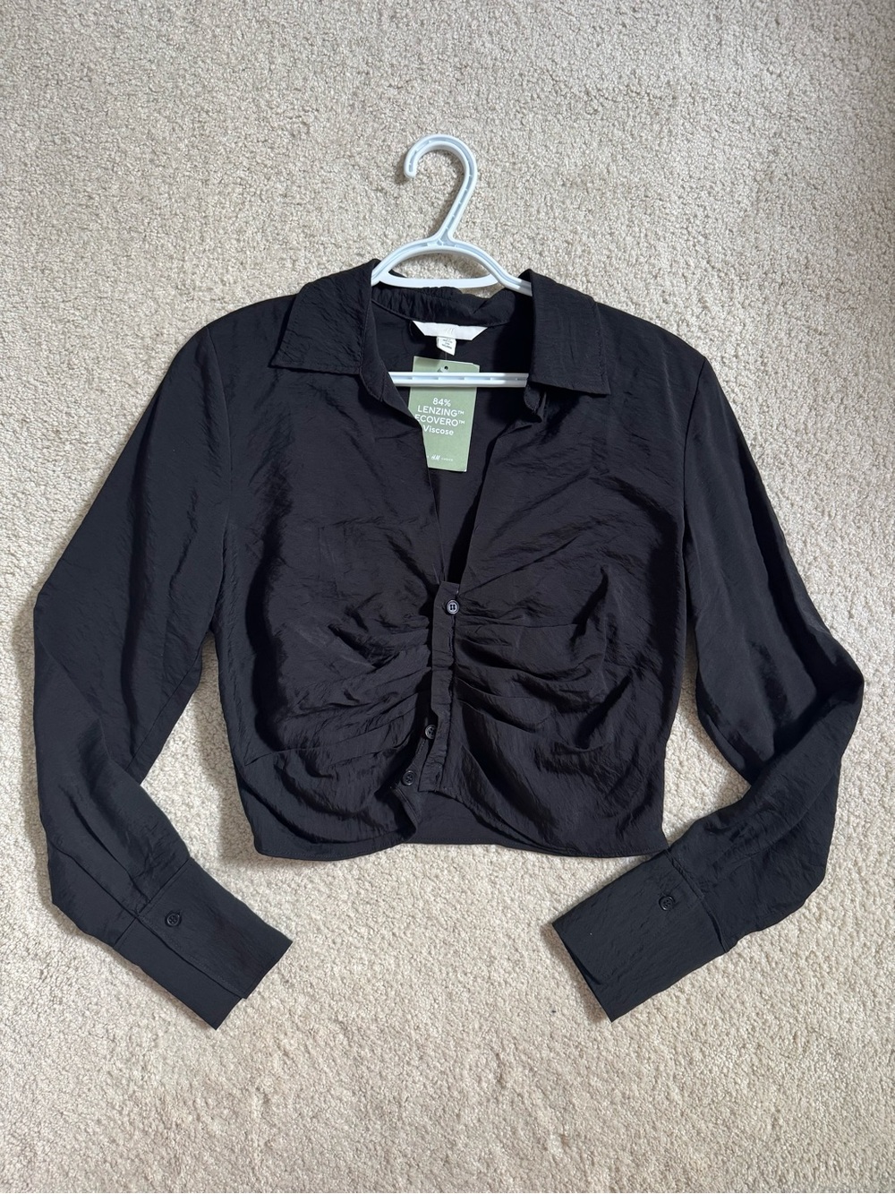 H&M - Black Ruched Button-Front Crop Top